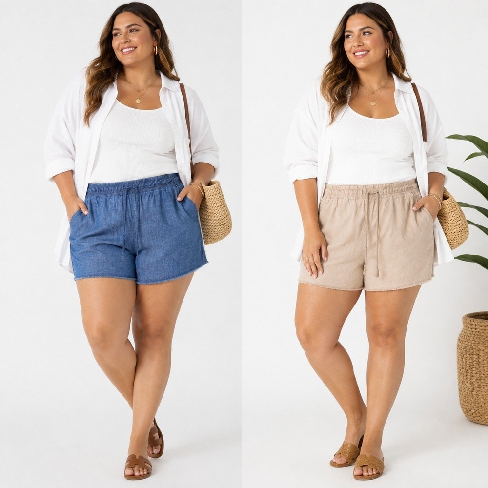 Lot of 2 Shorts‎ Linen Blend Cotton Drawstring Frayed Hem Coastal Chic Womens L
